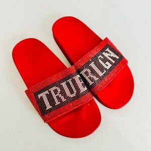 NEW TRUE RELIGION JASMIN RED RHINESTONE EMBELLISHED UPPER SLIDES SLIPPERS